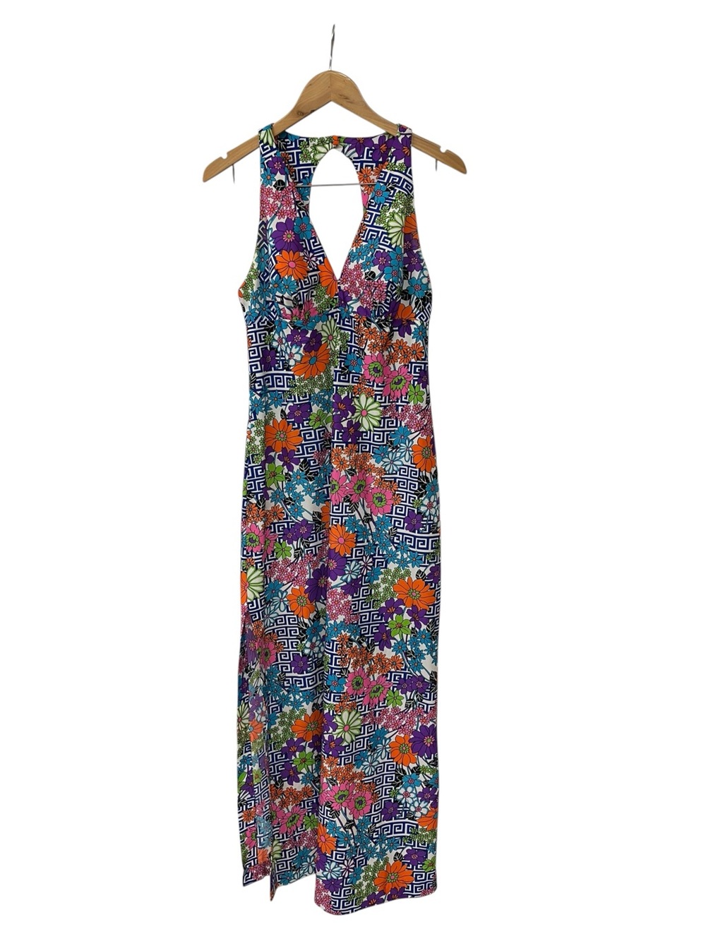 Vtg 60s Jack Hartley Maxi Dress Floral Print Sleeveless Open Back S